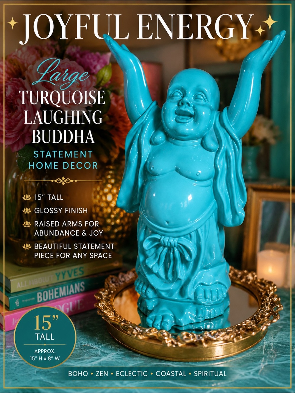 Large 15” Turquoise Laughing Buddha Statue | Glossy Resin Home Decor Sculpture
